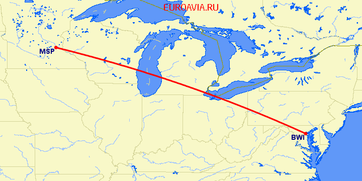 перелет Миннеаполис — Балтимор на карте
