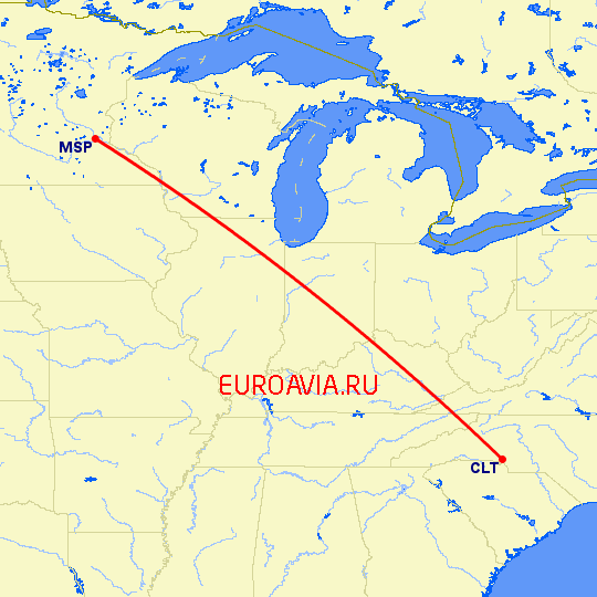 перелет Миннеаполис — Шарлотт на карте