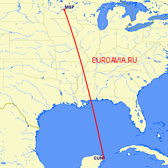 перелет Миннеаполис — Канкун на карте