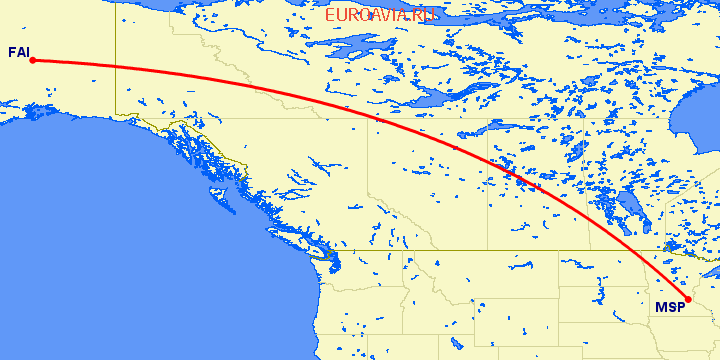 перелет Миннеаполис — Фэрбенкс на карте