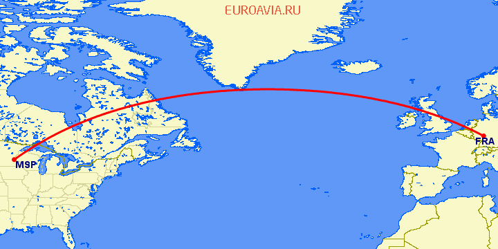 перелет Миннеаполис — Франкфурт на Майне на карте