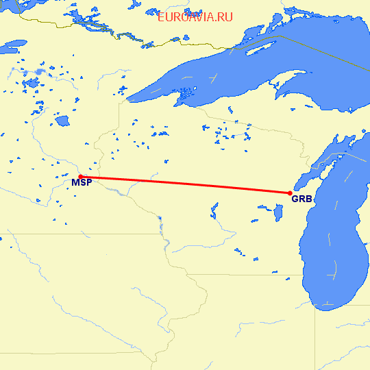 перелет Миннеаполис — Грин Бэй на карте
