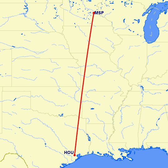 перелет Миннеаполис — Хьюстон на карте