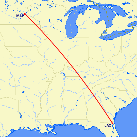 перелет Миннеаполис — Джексонвиль на карте