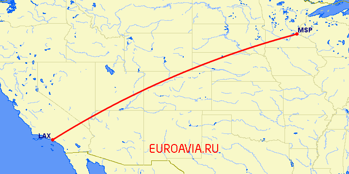 перелет Миннеаполис — Лос Анджелес на карте
