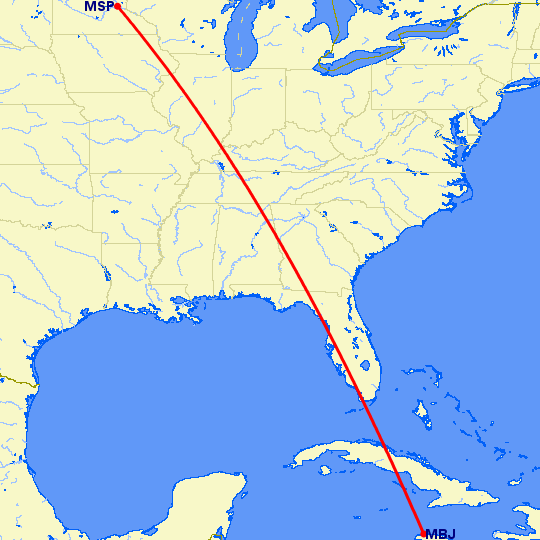 перелет Миннеаполис — Монтего Бей на карте