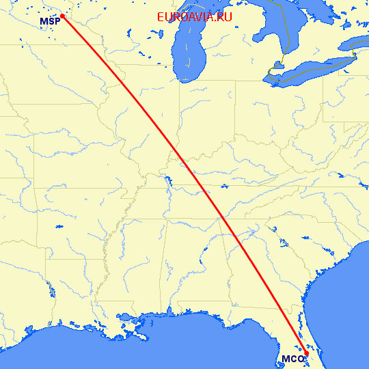 перелет Миннеаполис — Орландо на карте