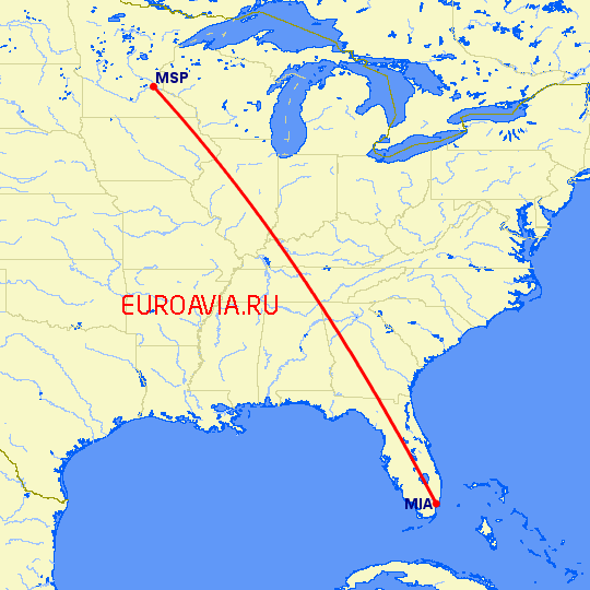 перелет Миннеаполис — Майами на карте