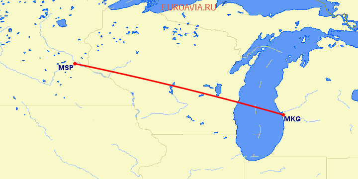 перелет Миннеаполис — Muskegon на карте