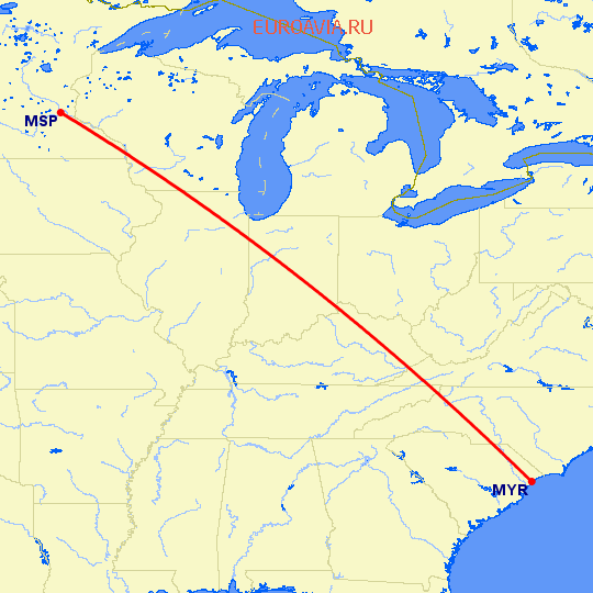 перелет Миннеаполис — Миртл Бич на карте