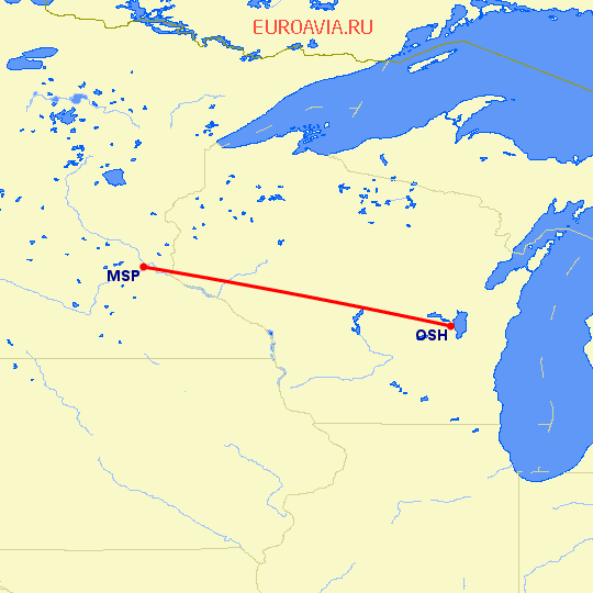 перелет Миннеаполис — Oshkosh на карте