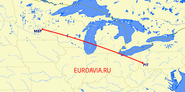 перелет Миннеаполис — Питтсбург на карте