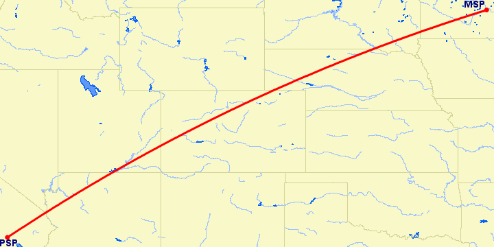 перелет Миннеаполис — Палм Спрингс на карте