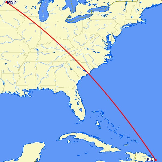 перелет Миннеаполис — Пунта Кана на карте