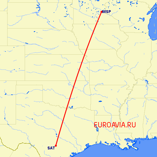 перелет Миннеаполис — Сан Антонио на карте