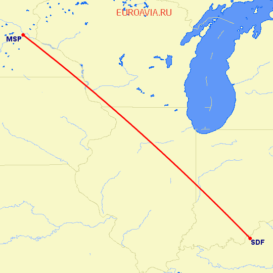 перелет Миннеаполис — Луисвилл на карте