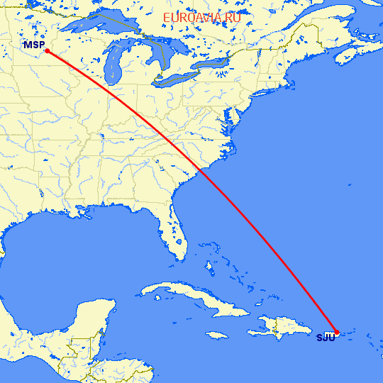 перелет Миннеаполис — Сан Хуан на карте