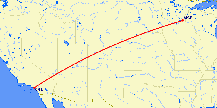 перелет Миннеаполис — Санта Ана на карте