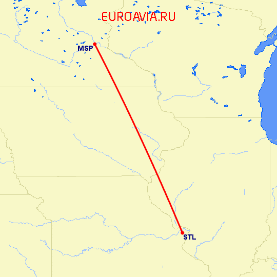 перелет Миннеаполис — Сент Луис на карте