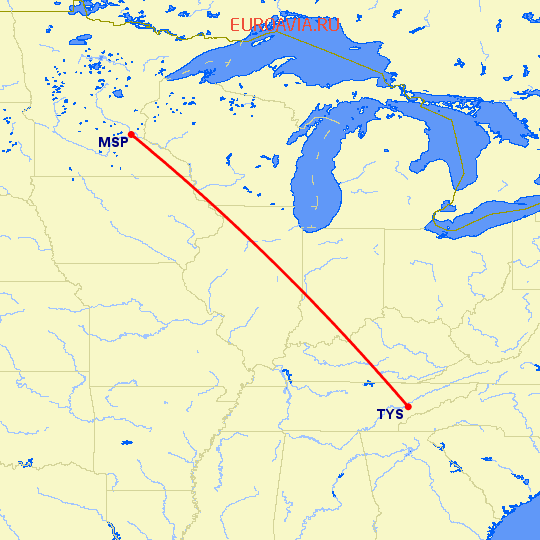 перелет Миннеаполис — Ноксвилл на карте