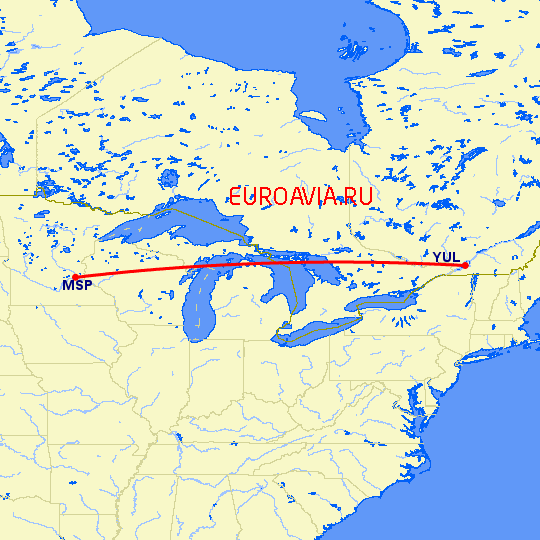 перелет Миннеаполис — Монреаль на карте