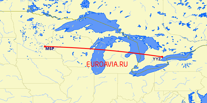 перелет Миннеаполис — Торонто на карте