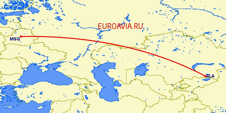 перелет Минск — Алматы на карте