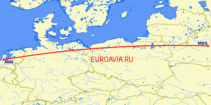 перелет Минск — Амстердам на карте