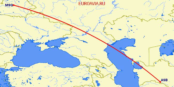 перелет Минск — Ашхабад на карте