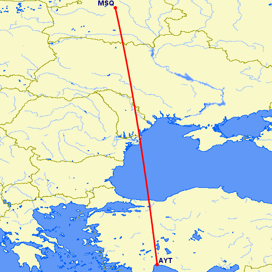 перелет Минск — Анталия на карте