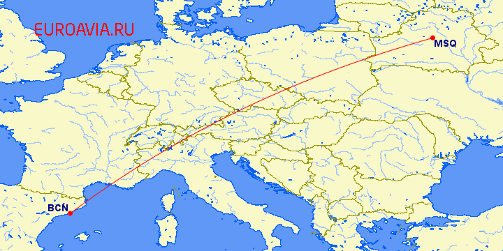 перелет Минск — Барселона на карте