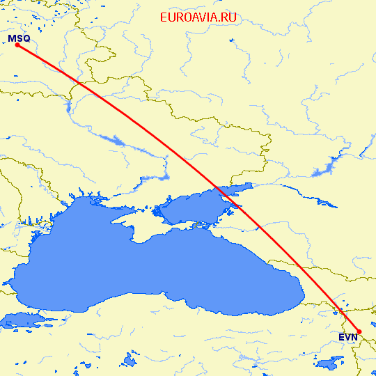 перелет Минск — Ереван на карте