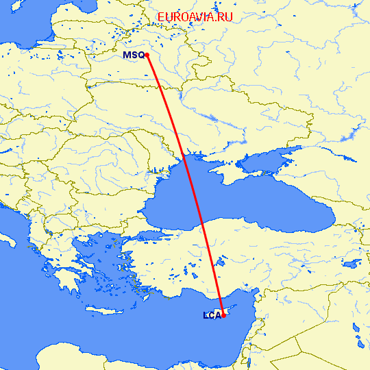 перелет Минск — Ларнака на карте
