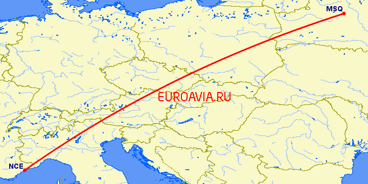 перелет Минск — Ницца на карте