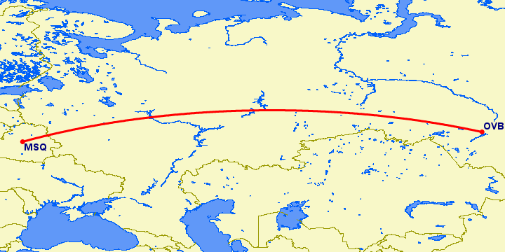 перелет Минск — Новосибирск на карте