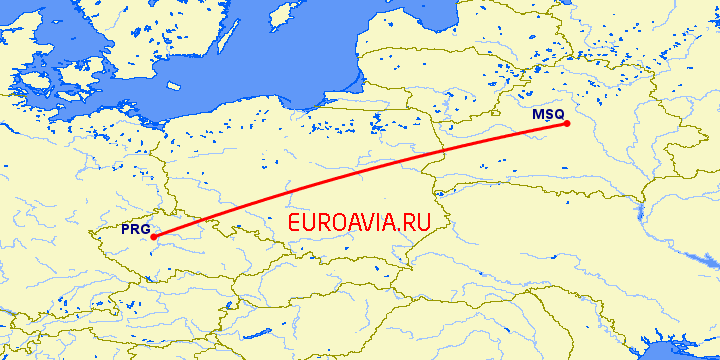 перелет Минск — Прага на карте