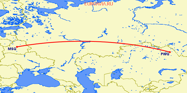 перелет Минск — Павлодар на карте