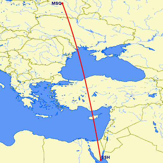 перелет Минск — Шарм эль Шейх на карте