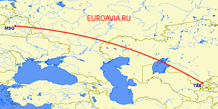 перелет Минск — Ташкент на карте