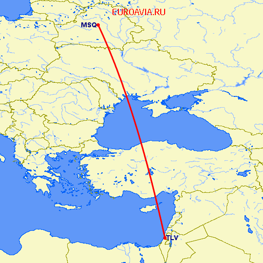 перелет Минск — Тель Авив на карте