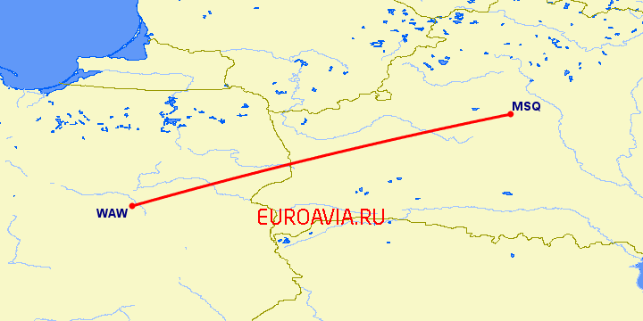 перелет Минск — Варшава на карте