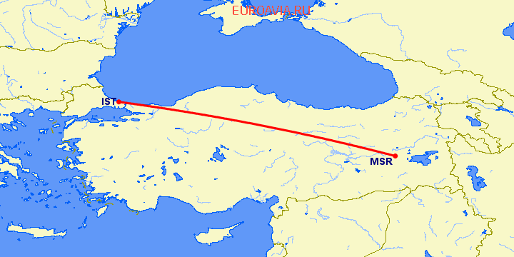перелет Муш — Стамбул на карте