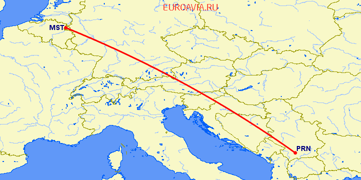 перелет Маастрихт — Приштина на карте