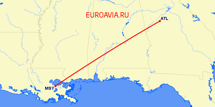 перелет Новый Орлеан — Атланта на карте