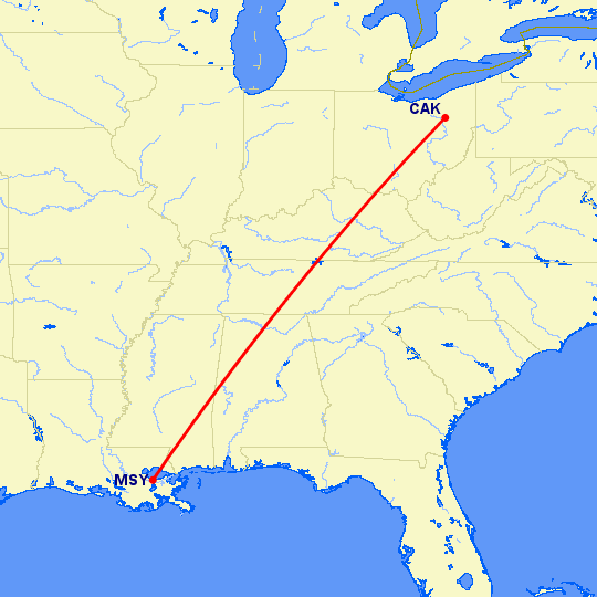 перелет Новый Орлеан — Akron-Canton на карте