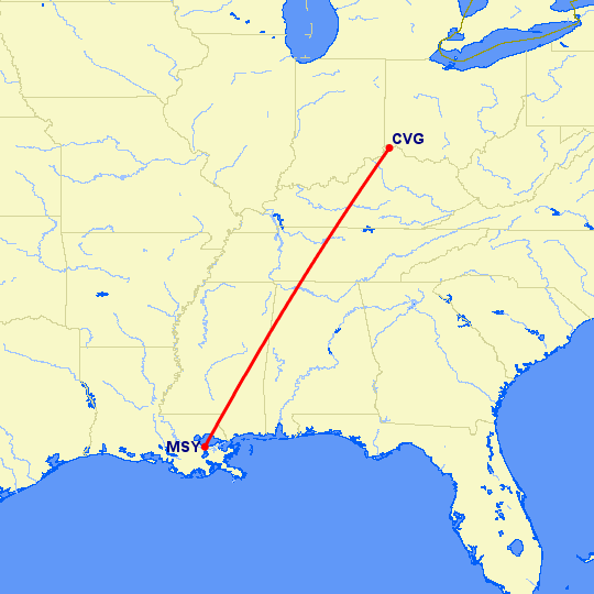 перелет Новый Орлеан — Кавингтон на карте