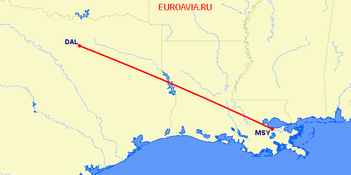 перелет Новый Орлеан — Даллас на карте