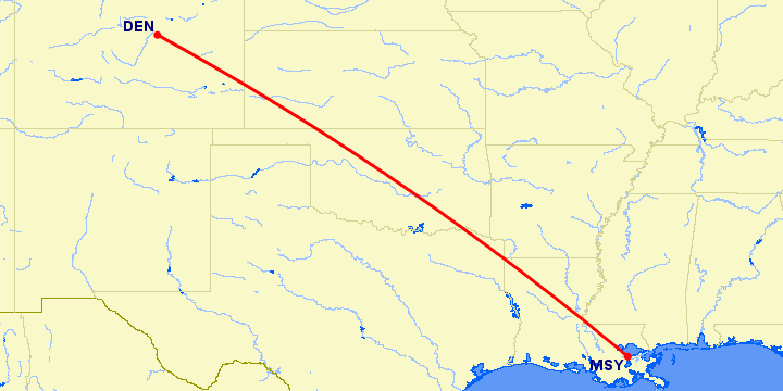 перелет Новый Орлеан — Денвер на карте