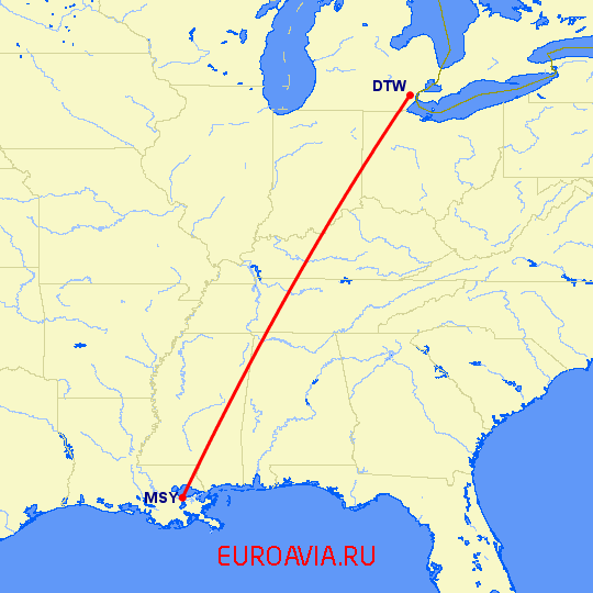 перелет Новый Орлеан — Детройт на карте