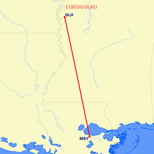 перелет Новый Орлеан — Greenville на карте